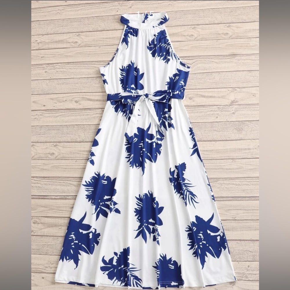 Floral Print Halter Neck Belted Dress